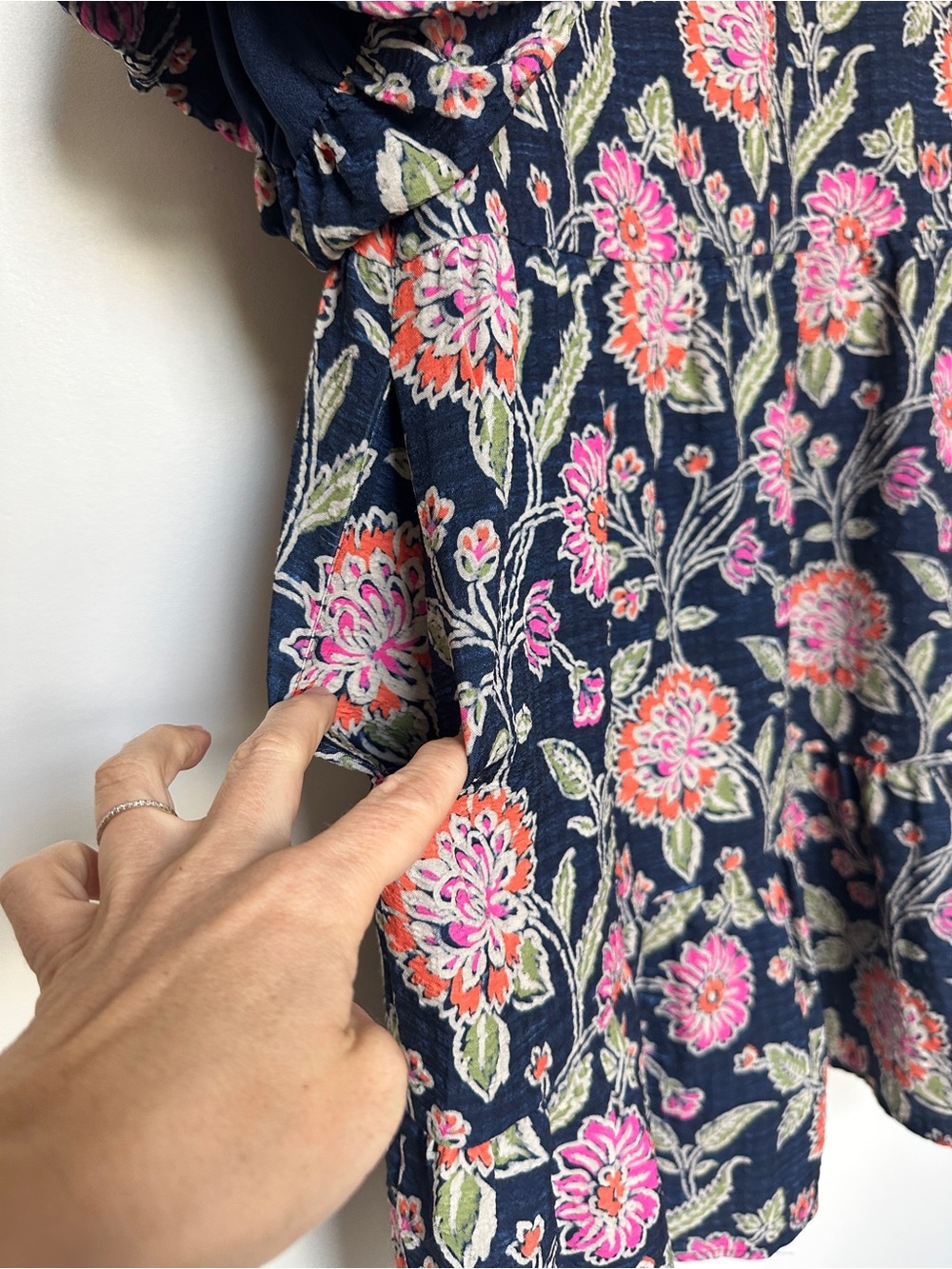 THML Navy Floral Tiered Puff Sleeve Dress with Pink and Orange Blooms - Picture 11 of 12